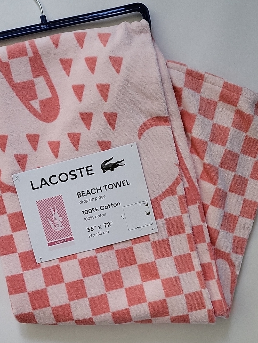 Lacoste Beach towel Signature Logo 100% Cotton 72 X 36 Pink